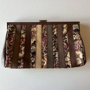 Patchwork Tapestry Floral Clutch with Brown Faux Leather Accents